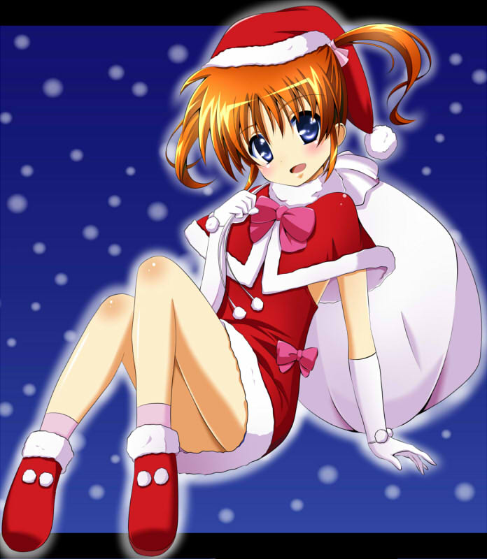 1girl, blue_eyes, blush, bow, brown_hair, capelet, christmas, female, gloves, hair_ribbon, hat, letterboxed, lyrical_nanoha, mahou_shoujo_lyrical_nanoha, open_mouth, ribbon, sack, santa_hat, short_twintails, snow, solo, takamachi_nanoha, twintails, yoroiusagi