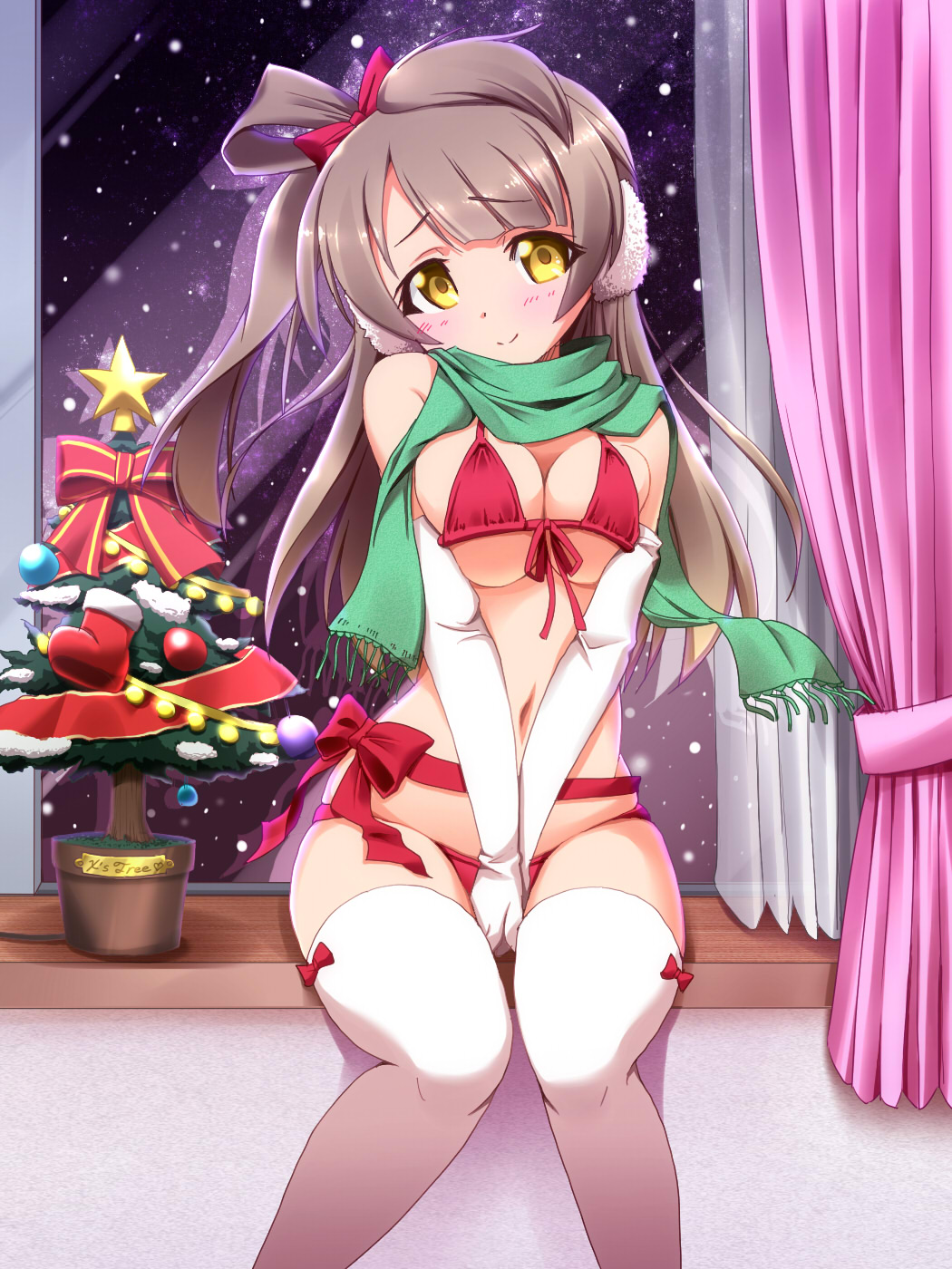 1girl, bikini, blush, bow, breasts, brown_hair, christmas, christmas_tree, earmuffs, elbow_gloves, front-tie_top, gloves, hair_bow, highres, large_breasts, long_hair, looking_at_viewer, love_live!_school_idol_project, matatabi_(2ccp), minami_kotori, navel, scarf, side_ponytail, sitting, smile, solo, swimsuit, thigh-highs, v_arms, white_gloves, white_legwear, yellow_eyes