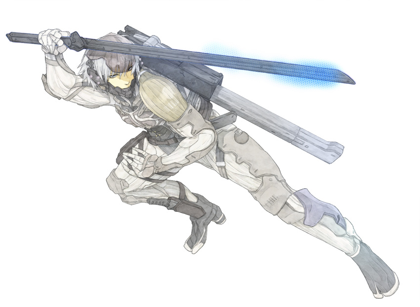 1boy, cyborg, grey_hair, metal_gear_(series), metal_gear_rising:_revengeance, metal_gear_solid_4, nakamura_yoko, raiden, solo, sword, weapon, white_hair