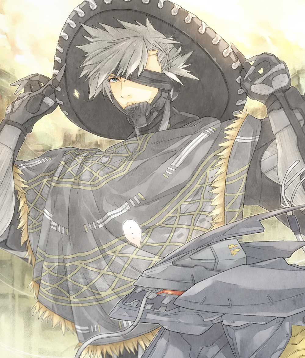 ..., 1boy, bladewolf, blue_eyes, claws, cyborg, eyepatch, grey_hair