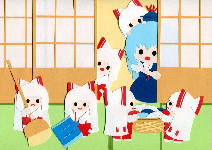 6+girls, absurdres, clone, fujiwara_no_mokou, highres, kamishirasawa_keine, multiple_girls, paper_(medium)
