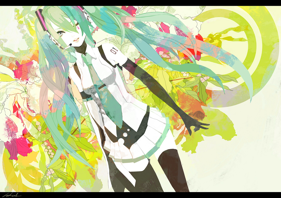 bad_id, bare_shoulders, black_legwear, black_thighhighs, elbow_gloves, gloves, grey_eyes, hatsune_miku