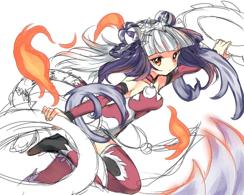 1girl, black_hair, chakrams, haku_(p&amp;d), jyukariko, multicolored_hair, puzzle_&amp;_dragons, spandex