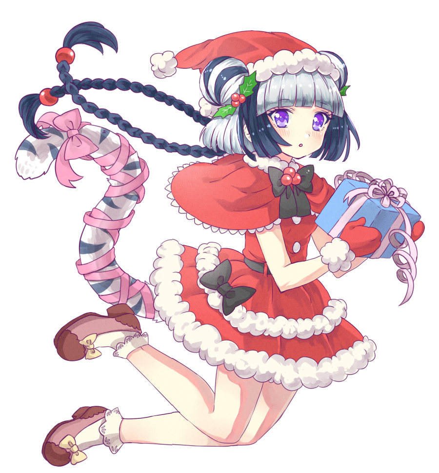 1girl, black_hair, box, braid, capelet, fur_trim, gift, gift_box