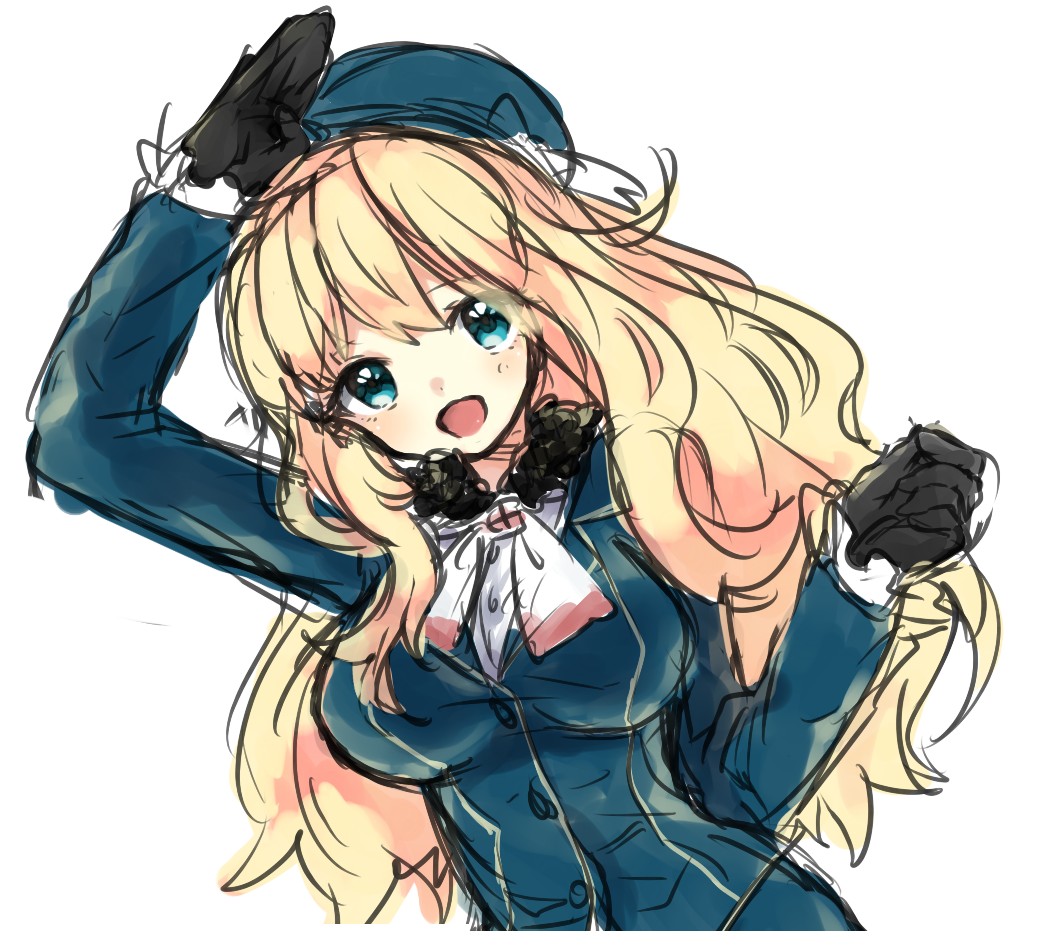 1girl, :d, atago_(kantai_collection), blonde_hair, blue_eyes, gloves, jyukariko, kantai_collection