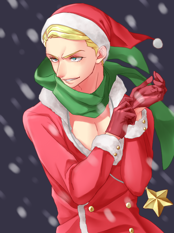 1boy, blonde_hair, gloves, hat, jojo_no_kimyou_na_bouken, prosciutto, santa_costume, santa_hat