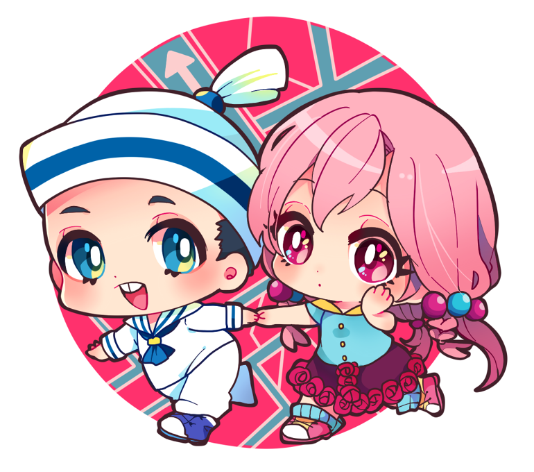 1boy, 1girl, black_hair, blue_eyes, chibi, dixie_cup_hat, hair_bobbles, hair_ornament