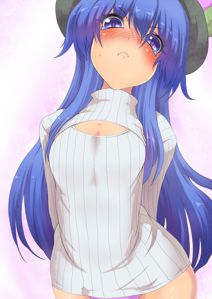 1girl, :c, arms_behind_back, blue_eyes, blue_hair, blush, breast_conscious, cleavage_cutout