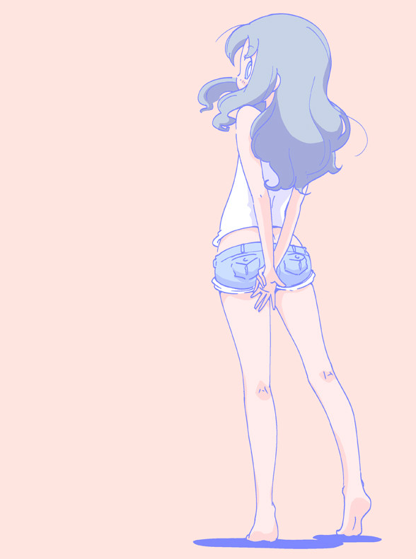 1girl, bangs, barefoot, blue_eyes, blue_hair, denim, denim_shorts, hands_on_ass