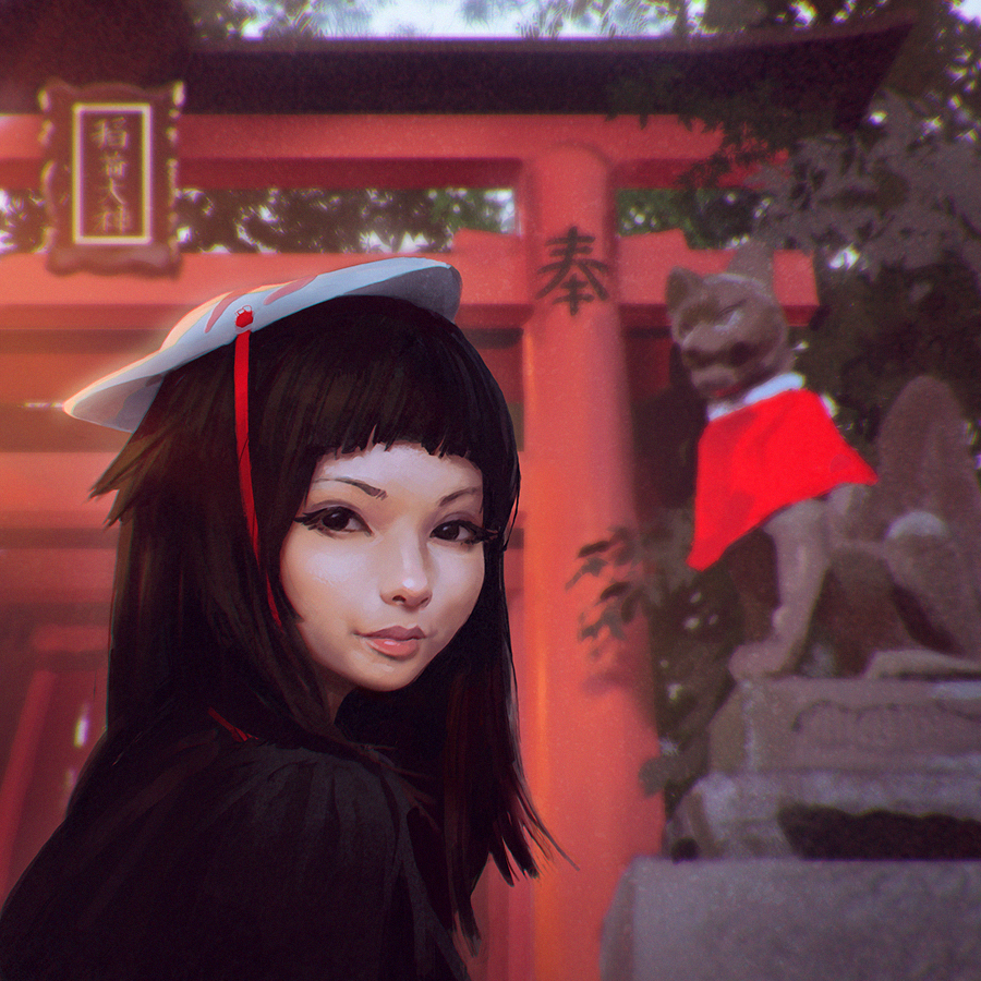 1girl, black_eyes, black_hair, blurry, bust, depth_of_field, face, fox_mask