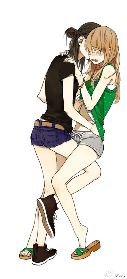 2girls, artist_name, brown_hair, casual, long_hair, multiple_girls, original, qiu_tong, sandals, shorts, sun_jing, tanjiu, white_background, yuri