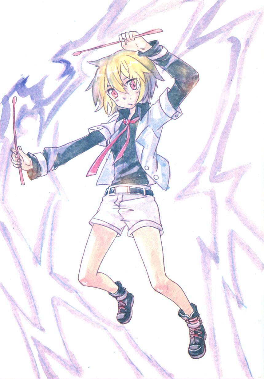 1girl, blonde_hair, drumsticks, highres, horikawa_raiko, horikawa_raiko_(cosplay), jacket, ko_kita, lunasa_prismriver, necktie, shirt, short_hair, skirt, solo, touhou, traditional_media, watercolor_(medium), yellow_eyes