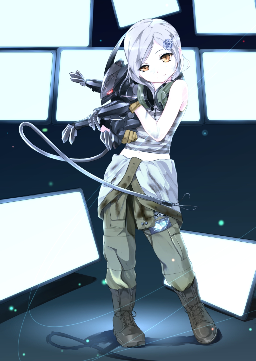 1girl, bladewolf, boots, brown_eyes, computer_screen, gloves, gorilla_(bun0615), hair_ornament