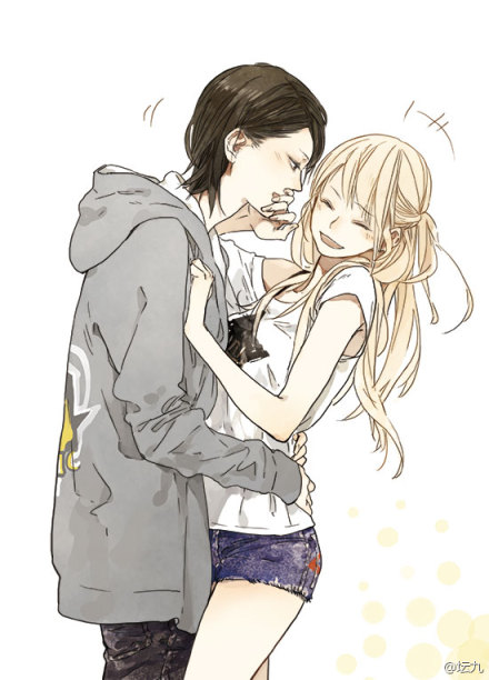 2girls, artist_name, blonde_hair, casual, covering_mouth, hand_over_another's_mouth, hoodie, hug