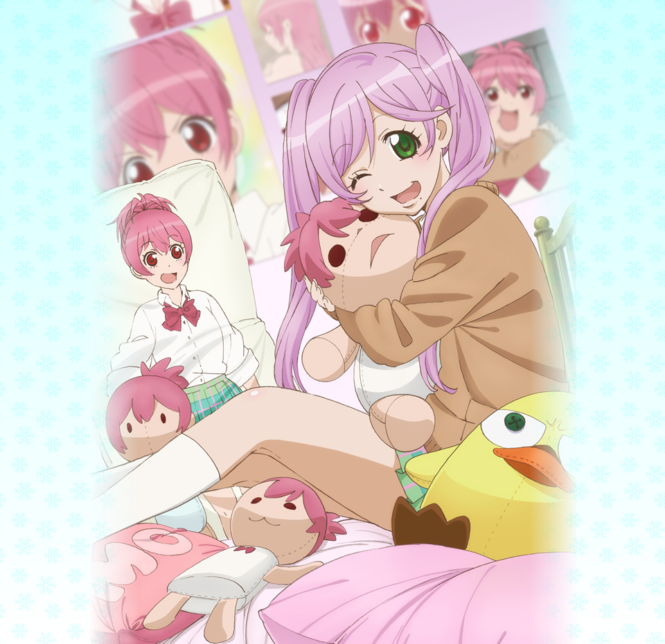 1girl, :d, ;d, bed, character_doll, cheek_press, dakimakura_(object), doll_hug