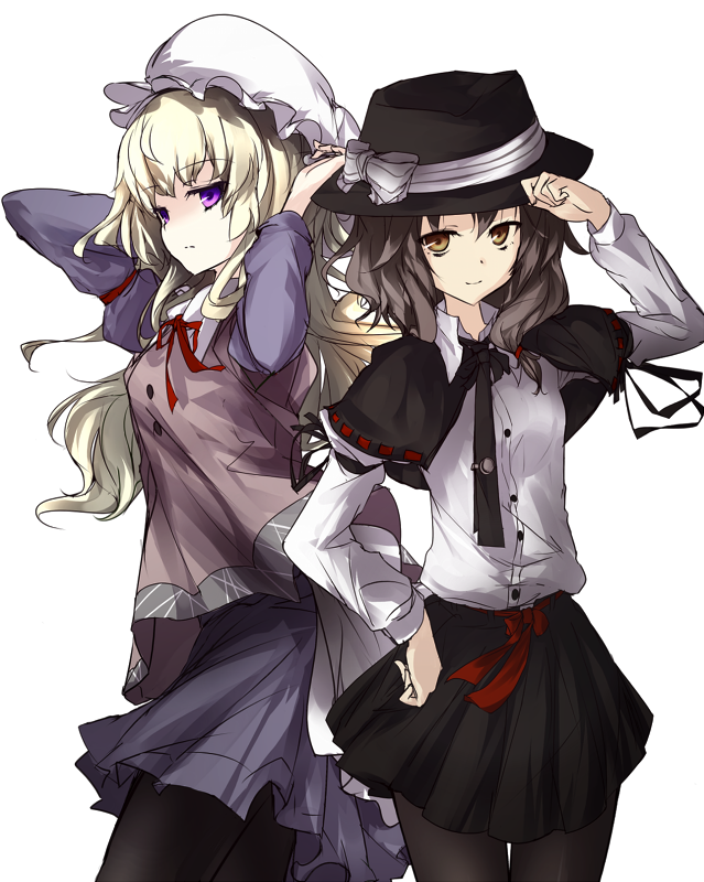 2girls, arm_ribbon, black_legwear, black_skirt, blonde_hair, bow, brown_eyes, brown_hair