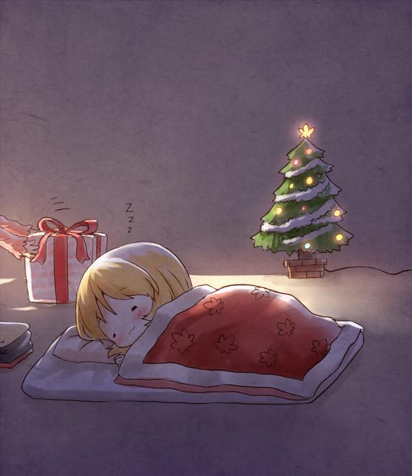 2girls, aki_minoriko, aki_shizuha, arinu, blanket, blonde_hair, christmas, christmas_tree