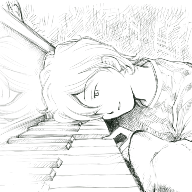 1boy, dog, hair_over_one_eye, instrument, monochrome, open_mouth, peanuts, piano