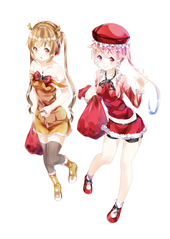 black_legwear, boots, brown_eyes, brown_hair, christmas, costume, dress, hairband, harusame_(kantai_collection), hat, headphones, kantai_collection, long_hair, looking_at_viewer, multiple_girls, murasame_(kantai_collection), open_mouth, pink_eyes, pink_hair, priyaphr, side_ponytail, smile, twintails, very_long_hair