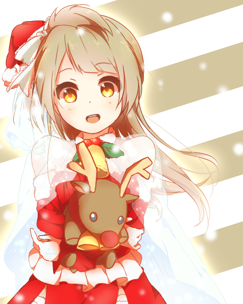 1girl, bell, bow, brown_hair, hair_bow, hat, looking_at_viewer, love_live!_school_idol_project