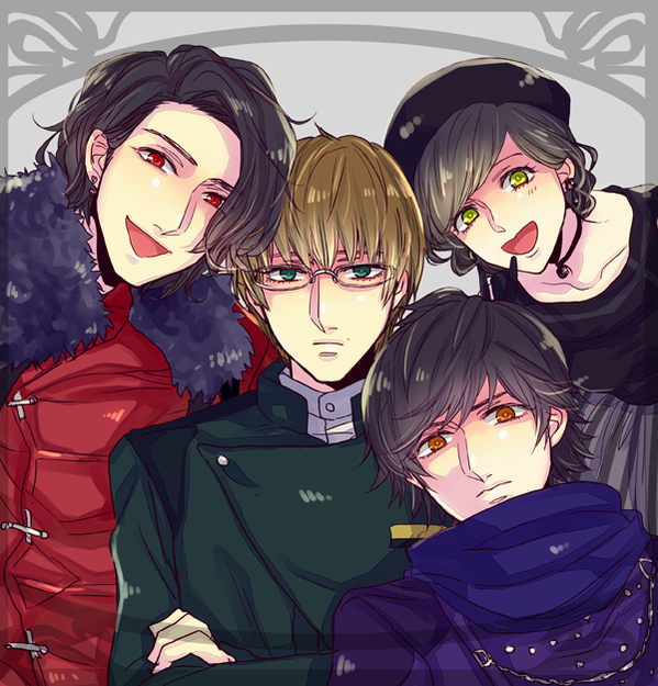 1girl, 3boys, beret, brain_(kamen_rider_drive), chase_(kamen_rider_drive), crossed_arms, female, glasses