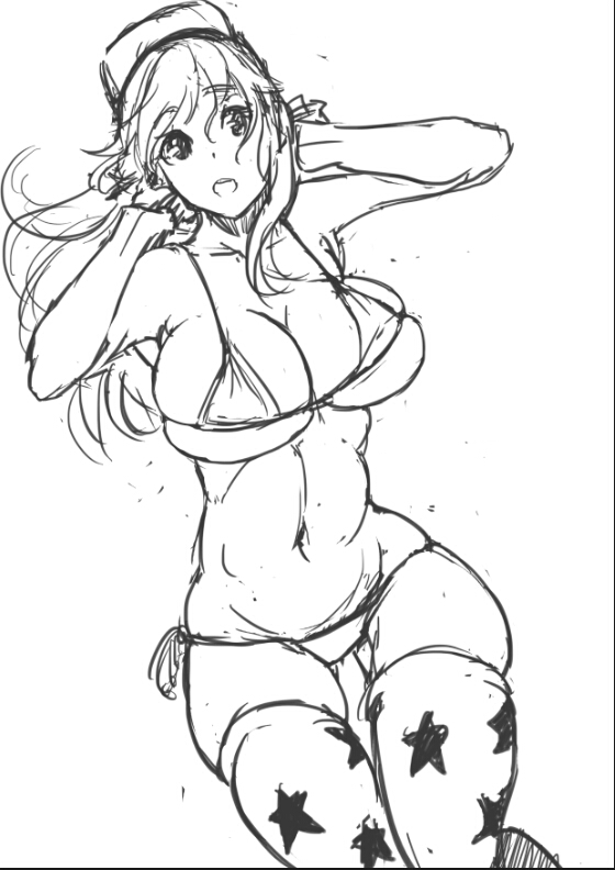1girl, breasts, cleavage, headphones, hikari123456, large_breasts, long_hair, looking_at_viewer, midriff, monochrome, navel, nitroplus, open_mouth, skindentation, solo, star_print, super_sonico, swimsuit, thigh-highs