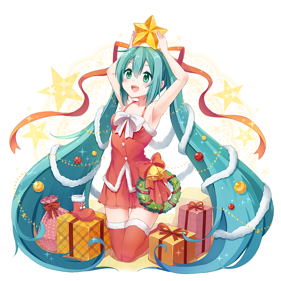 1girl, aqua_hair, arm_up, armpits, bell, blush, christmas, christmas_ornaments