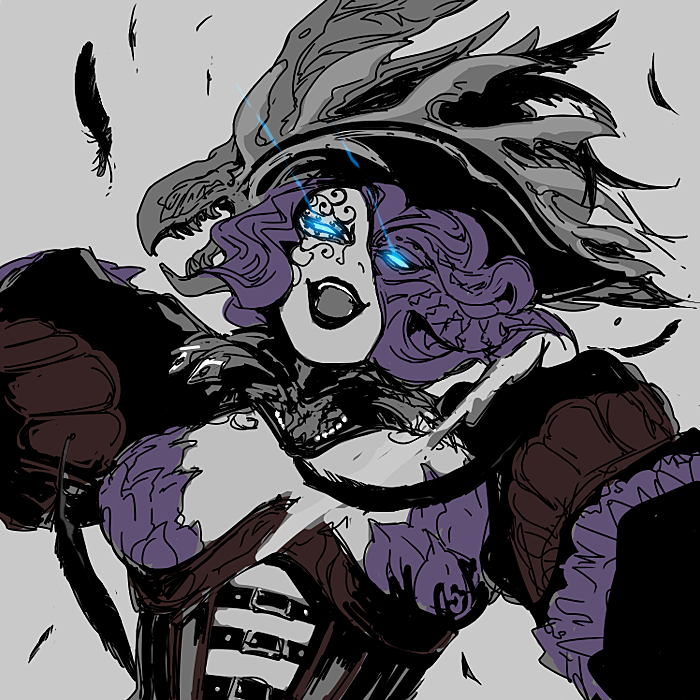 1girl, blue_eyes, el2, feathers, female, glowing, laughing, madame_noire