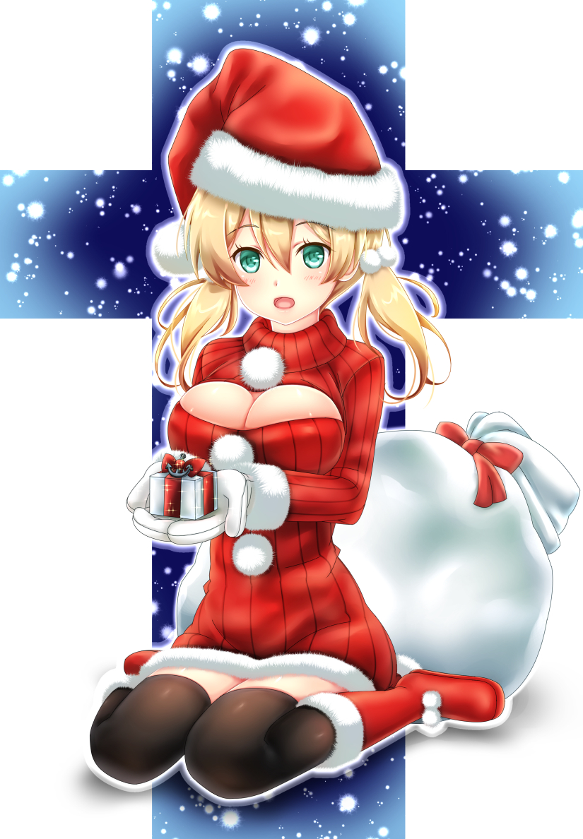 1girl, aqua_eyes, baretto, black_legwear, blush, breasts, christmas, cleavage