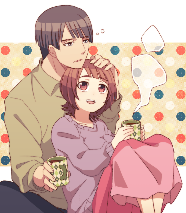 1boy, 1girl, black_hair, brown_hair, couple, cup, endou_ryousuke, hetero