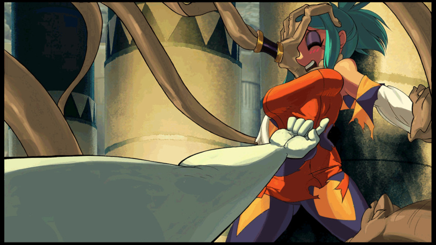2girls, animated, animated_gif, aqua_hair, bare_shoulders, breasts, cerebella_(skullgirls), closed_eyes
