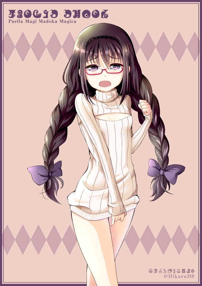 1girl, akemi_homura, artist_name, black_hair, braid, cleavage_cutout, copyright_name, glasses