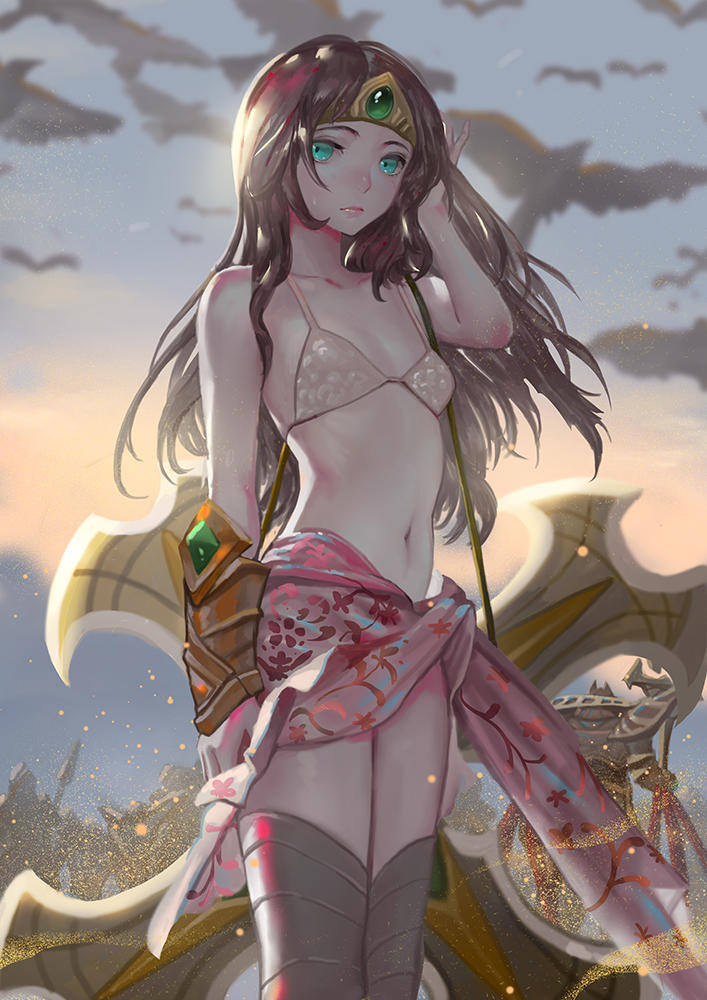 1boy, 1girl, aqua_eyes, azir, bikini_top, bird, black_hair, breasts