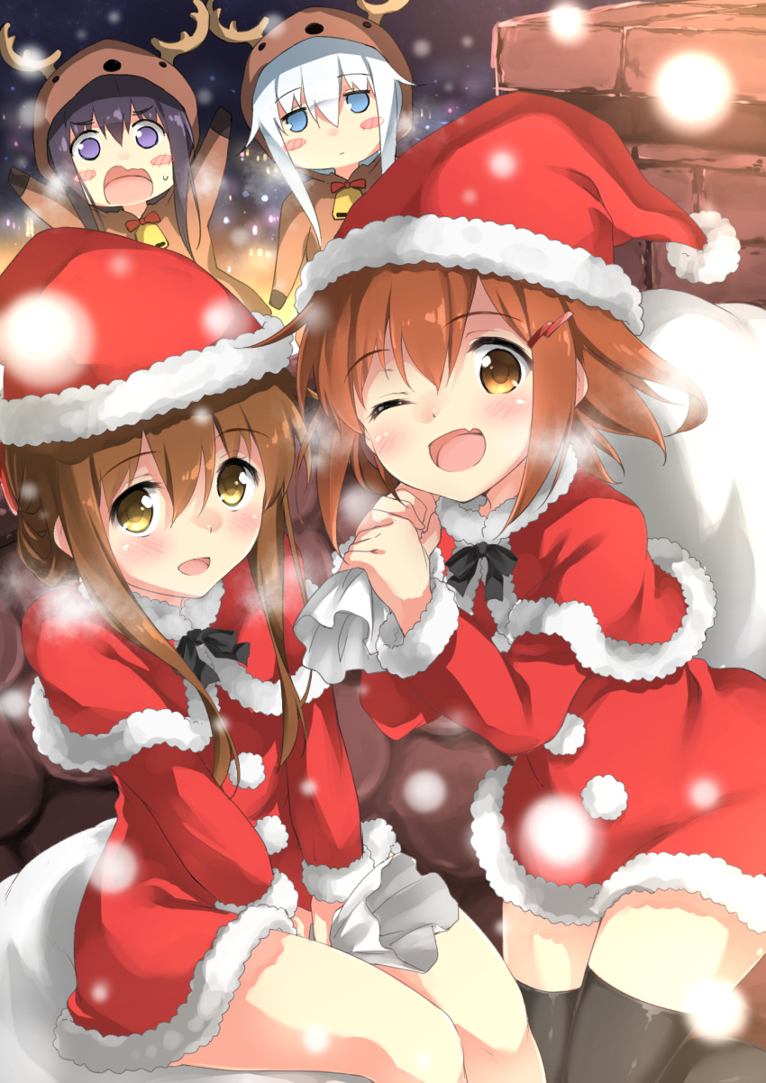4girls, akatsuki_(kantai_collection), alternate_costume, animal_costume, aqua_eyes, aqua_hair, black_legwear, blush
