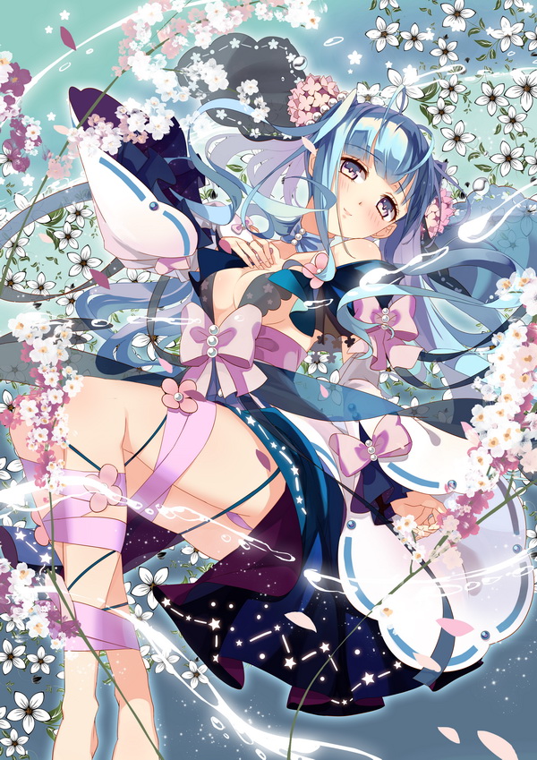 1girl, bare_shoulders, blue_hair, blush, breasts, cleavage, dress, flower