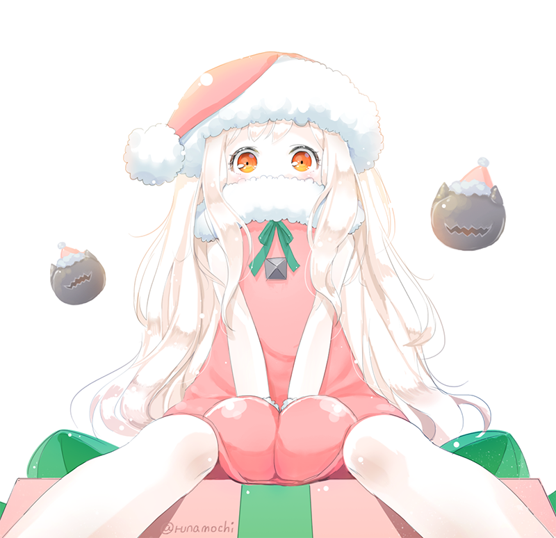 1girl, alternate_color, kantai_collection, long_hair, looking_at_viewer, mittens, northern_ocean_hime, orange_eyes