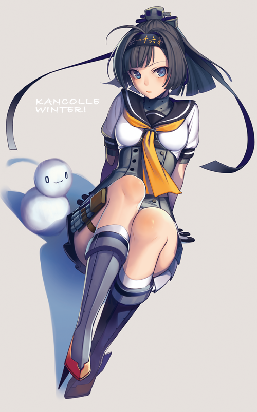 1girl, akizuki_(kantai_collection), black_hair, blue_eyes, gloves, kantai_collection, okeya_(ol23), ponytail