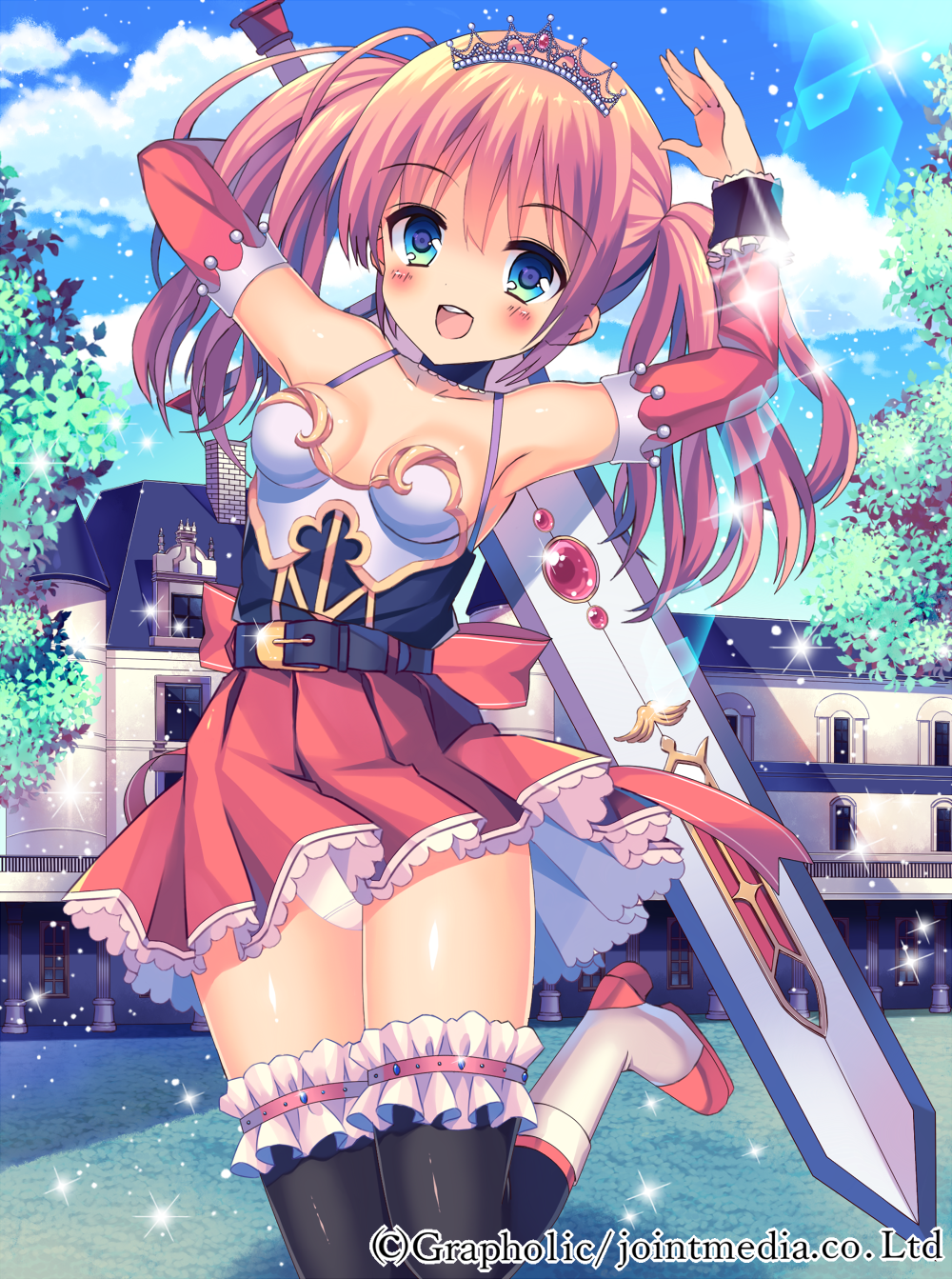 1girl, :d, black_legwear, blue_eyes, blue_sky, blush, boots, breasts