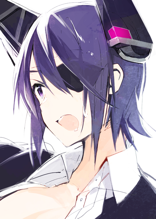 1girl, eyepatch, fuji-yama, headgear, kantai_collection, open_mouth, purple_hair, short_hair