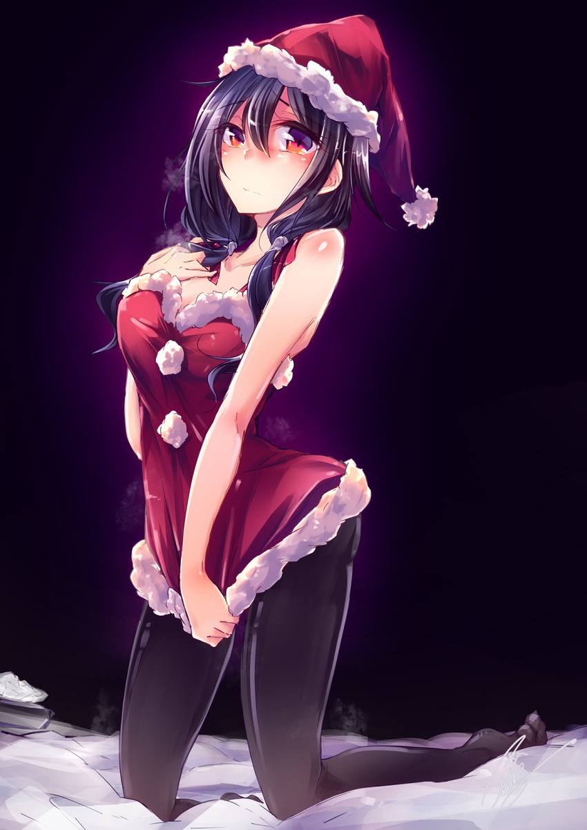 1girl, amano_chiharu, black_legwear, breasts, christmas, fur_trim, hat, highres, kantai_collection, kneeling, low_twintails, pantyhose, purple_hair, santa_hat, tagme, taigei_(kantai_collection), tubetop, twintails, violet_eyes