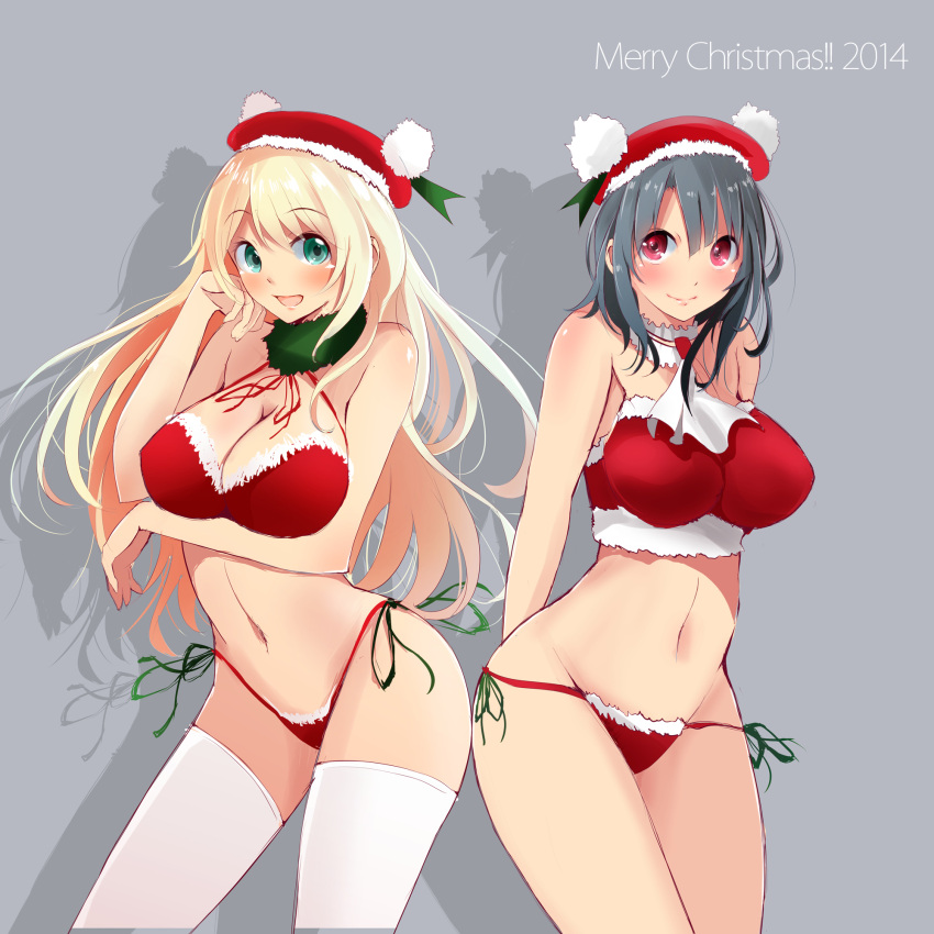 2girls, :d, atago_(kantai_collection), bikini, black_hair, blonde_hair, breast_hold, breasts, cleavage, green_eyes, hat, highleg, highleg_bikini, highleg_swimsuit, highres, kantai_collection, large_breasts, long_hand, lowleg, lowleg_bikini, multiple_girls, navel, open_mouth, panties, red_eyes, santa_hat, short_hair, side-tie_bikini, smile, swimsuit, tagme, takao_(kantai_collection), tbd11, thigh-highs, underwear, white_panties