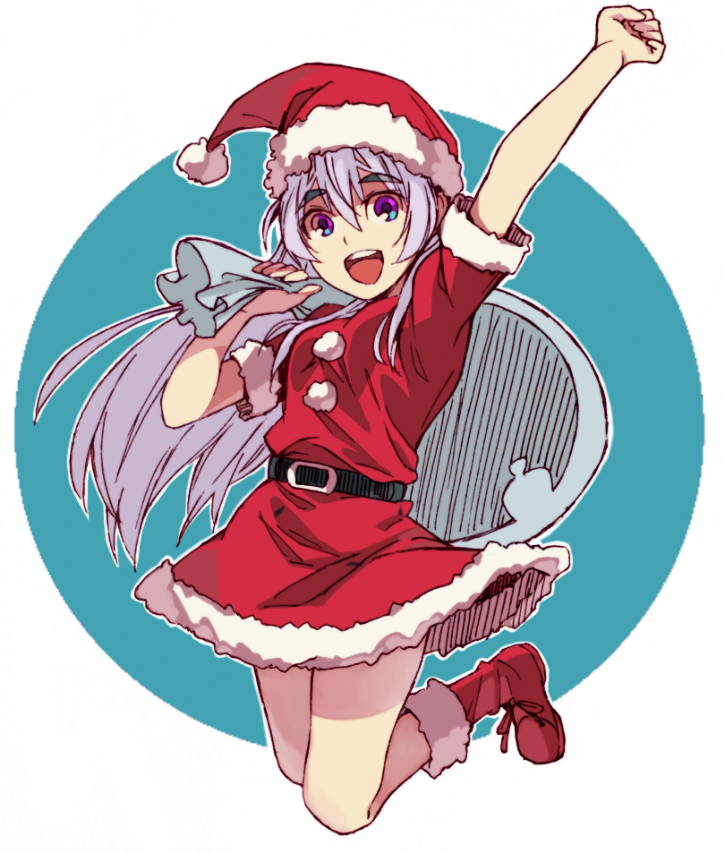 1girl, chaika_trabant, christmas, hare_(haaale), hat, hitsugi_no_chaika, long_hair, santa_costume, santa_hat, silver_hair, solo, violet_eyes