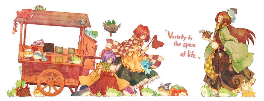 3girls, :3, apron, bat_wings, bell, book, braid, brown_eyes