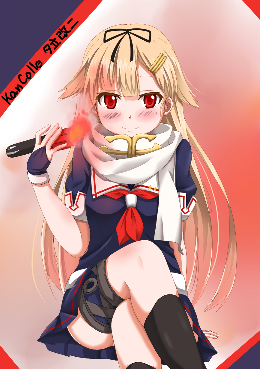 1girl, arm_support, black_gloves, black_legwear, black_serafuku, black_skirt, blonde_hair, blush