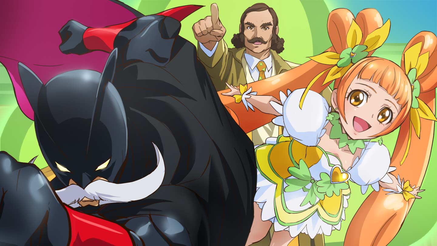 1girl, 2boys, :d, batman, batman_(cosplay), batman_(series), brown_eyes, brown_hair, cosplay, cure_rosetta, dc_comics, dokidoki!_precure, facial_hair, haruyama_kazunori, long_hair, magical_girl, mask, multiple_boys, mustache, open_mouth, orange_hair, precure, sebastian_(dokidoki!_precure), smile, twintails, yotsuba_alice