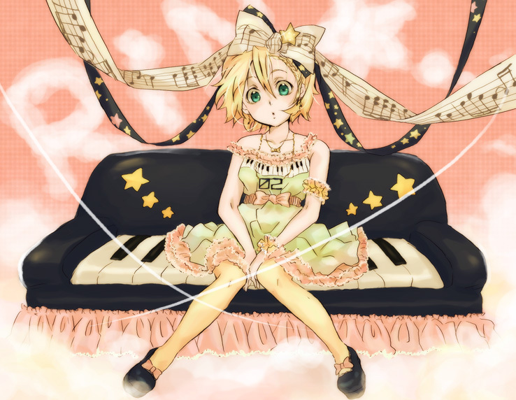 blonde_hair, chabatake, couch, hair_ribbon, kagamine_rin, ribbon, sakou_mochi, sheet_music, shoes, short_dress, short_hair, sitting, solo, star, vocaloid