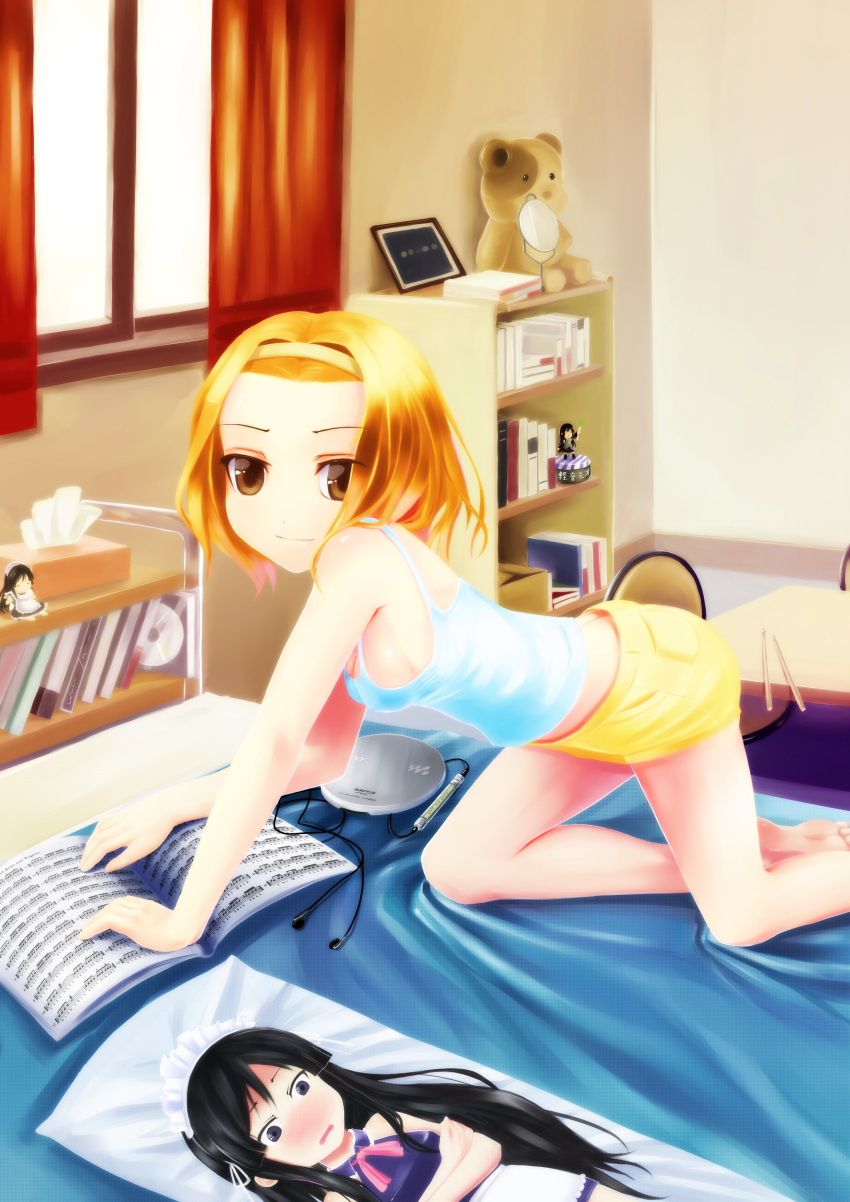 1girl, absurdres, akiyama_mio, akiyama_mio_(cameo), apron, bad_id, barefoot, blue_eyes