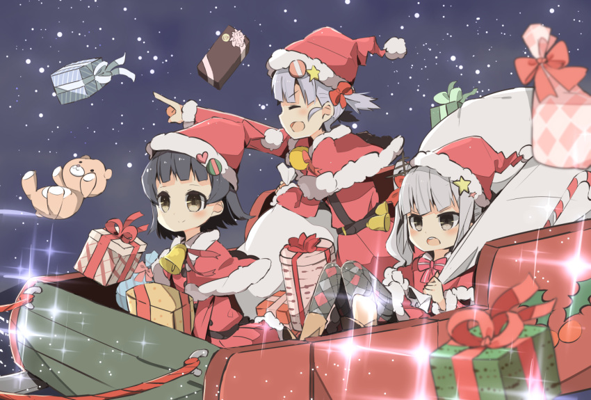 >_<, 3girls, arare_(kantai_collection), bell, black_hair, capelet, christmas, dai_yamaimo, fur_trim, gift, grey_eyes, hair_ornament, hat, heart, kantai_collection, kasumi_(kantai_collection), lavender_hair, long_hair, multiple_girls, ooshio_(kantai_collection), open_mouth, pointing, sack, santa_costume, santa_hat, short_hair, side_ponytail, silver_hair, sleigh, smile, star, stuffed_animal, stuffed_toy, teddy_bear, twintails, yellow_eyes