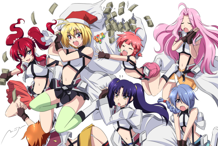 angelise_ikaruga_misurugi, boots, candy, cross_ange, fingerless_gloves, gloves, hilda_(cross_ange), jumping, money, onaya_masakazu, open_mouth, rosalie_(cross_ange), running, sack, salia_(cross_ange), smile, stuffed_toy, thigh-highs, vivian_(cross_ange)