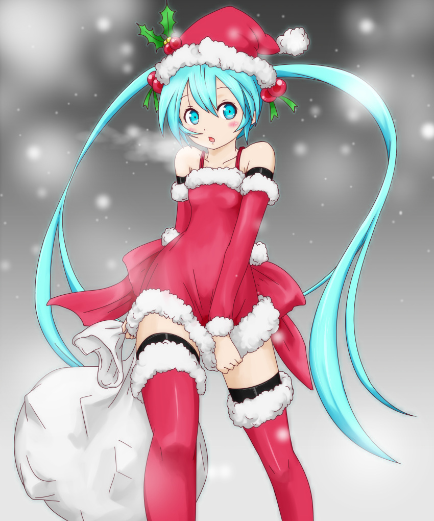 1girl, absurdres, aqua_eyes, aqua_hair, blush, boots, christmas, detached_sleeves, dress, dress_tug, hat, hatsune_miku, highres, holly, long_hair, open_mouth, sack, santa_costume, santa_hat, solo, thigh-highs, thigh_boots, twintails, very_long_hair, vocaloid, yuta1147